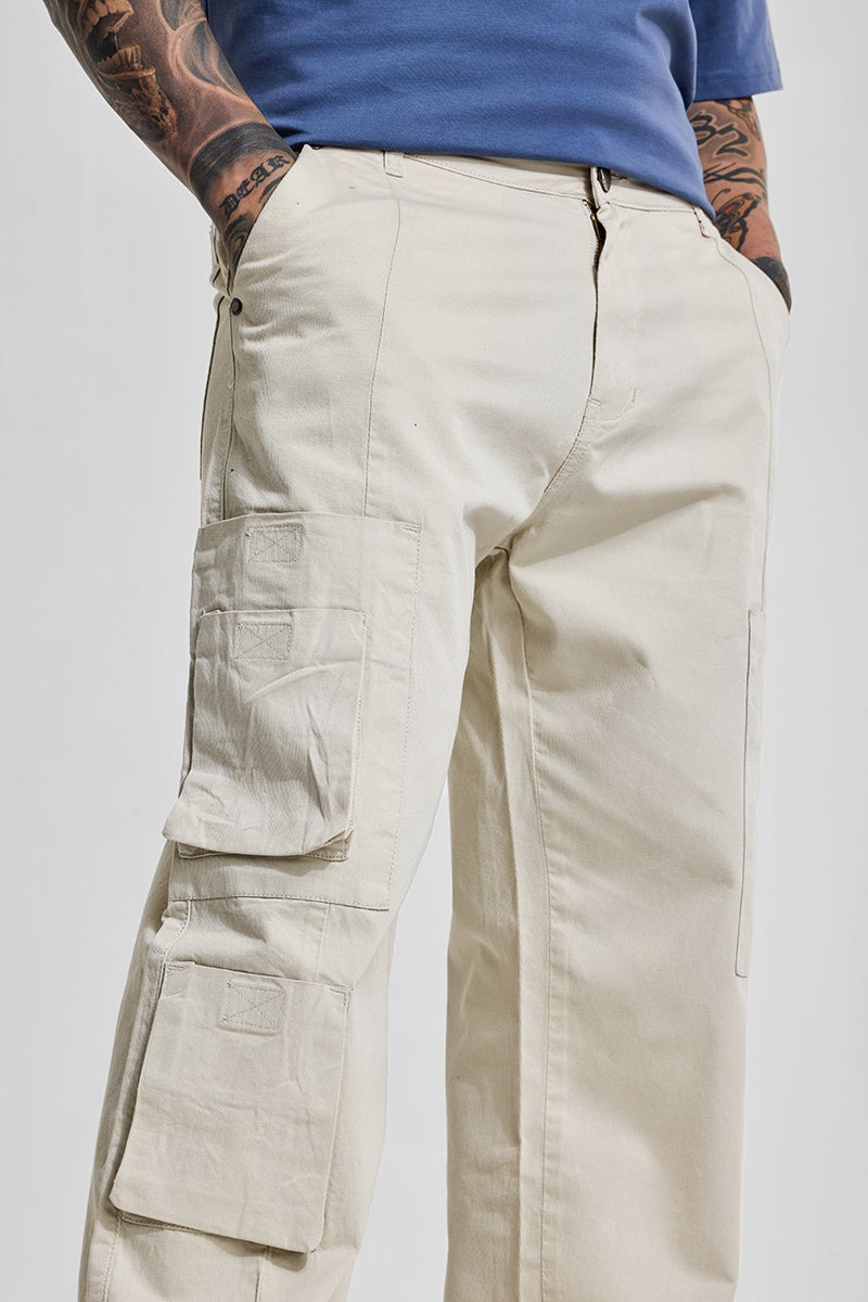 SNITCH Cream Relaxed Fit Cargo Pants - Image 4